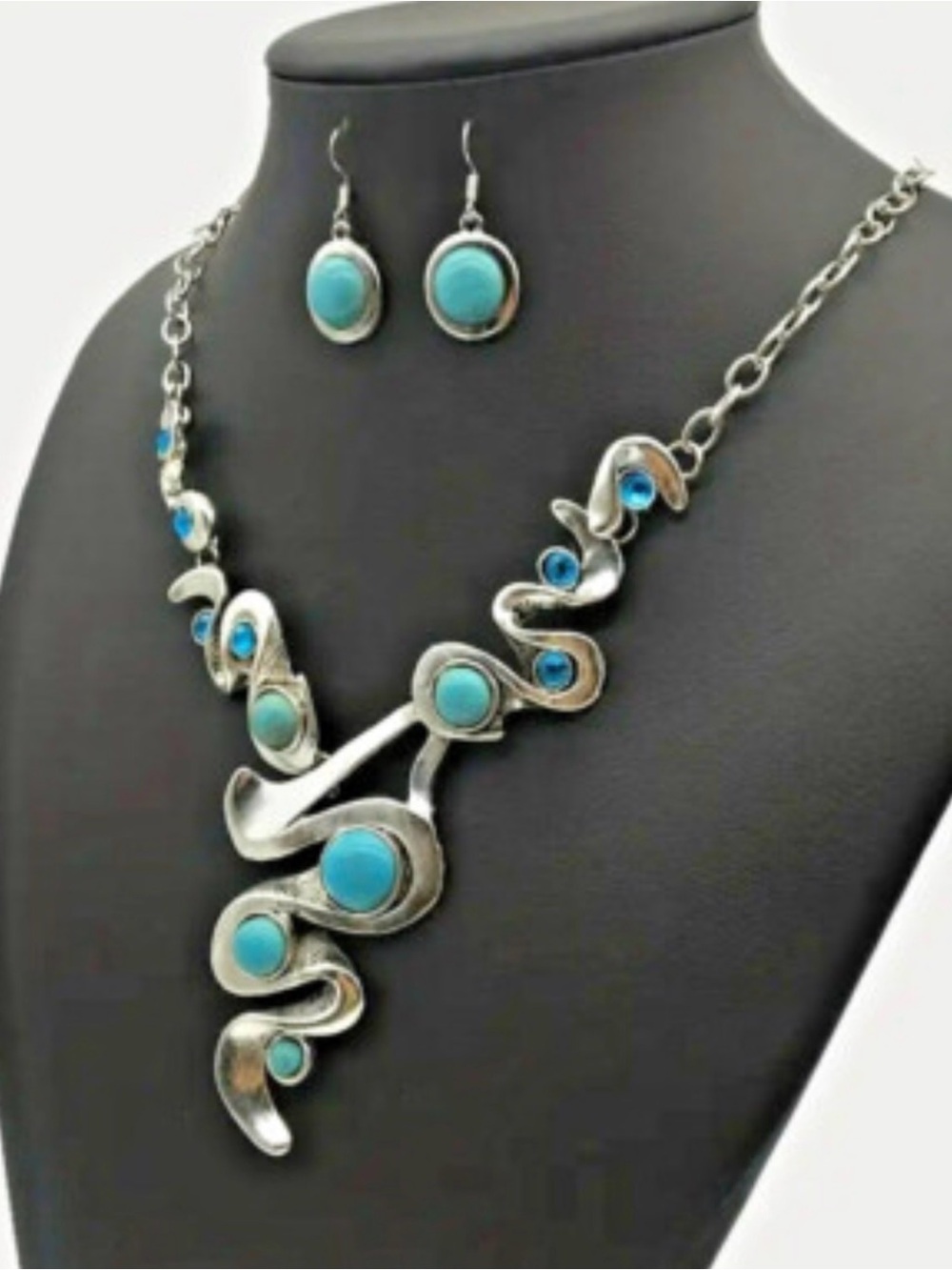 Turquoise ETHNIC Silver Swirl Necklace & Earring Set BEAU DEFI CLASSY NEW